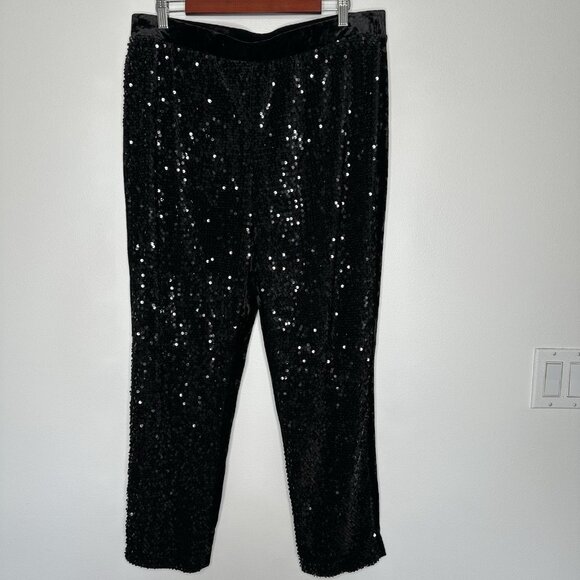 Chicos Sequins and Panne Tapered Ankle Pants Black Velvet Pull on Size 14 - Picture 1 of 9